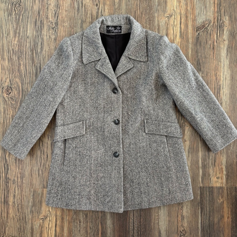 Vtg Noble Fashions 80% Wool Herringbone Peacoat Jacket Lg Lined Pockets USA Made